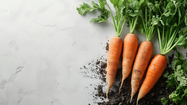 Close-up of freshly harvested organic carrots with traces of soil, placed on a clean, light background