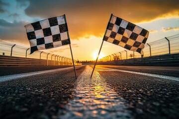 Checkered race flags celebrate victory at a professional track during a stunning golden hour sunset