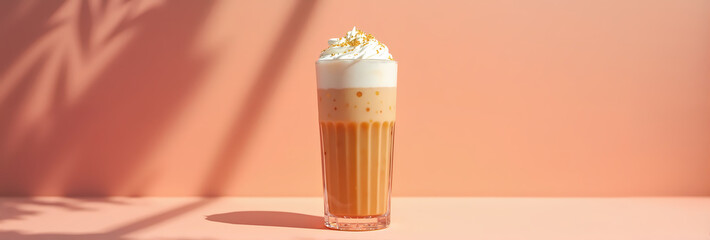 Tall caramel iced coffee with whipped cream and gold sprinkles on a soft peach background, symbolizing indulgence and luxury.