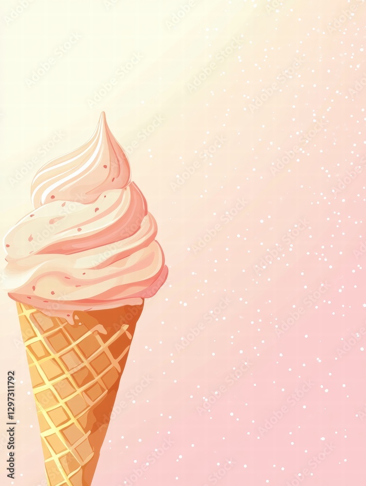 Poster colorful dessert cone with swirls of soft serve ice cream against a pastel background. generative ai