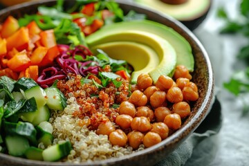 Vibrant vegan Buddha bowl with fresh vegetables and chickpeas