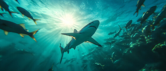 Fototapeta premium Majestic Shark in Sunlit Deep Ocean