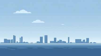 City skyline over water, peaceful day, artistic illustration, background