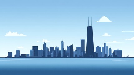 Fototapeta premium Chicago Skyline Silhouette on Calm Water, Daytime View, Suitable for Backgrounds