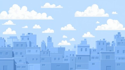 Cityscape with pastel blue buildings and fluffy clouds.  Use for background design, illustration