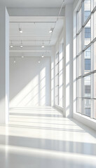 Obraz premium Empty white gallery room with large windows and recessed lighting -