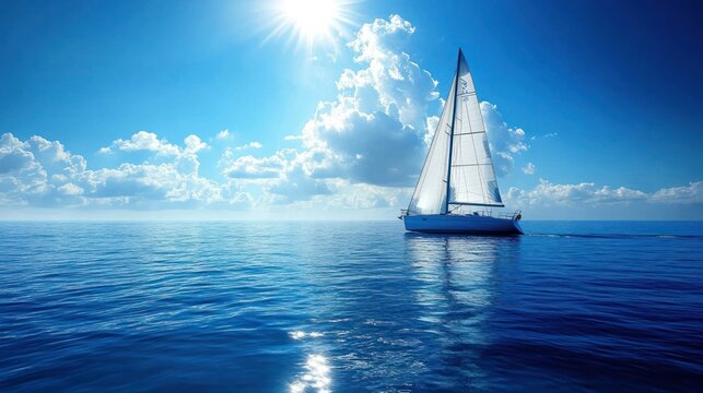 Sunny day sailboat sailing on calm ocean