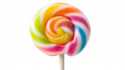 Large Swirled Rainbow Lollipop with Glossy Finish Isolated on White Background. Generative AI