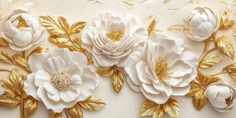 Luxury 3D White Flowers with Golden Accents Wall Decor