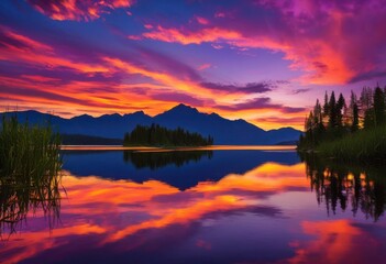 Fototapeta premium serene sunset reflections tranquil colorful skies mirrored calm illustrating peaceful natural beauty, lake, water, sky, colors, nature, clouds, tranquility