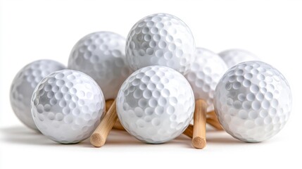 Another view of golf balls and tees stacked on white isolated background. Generative AI