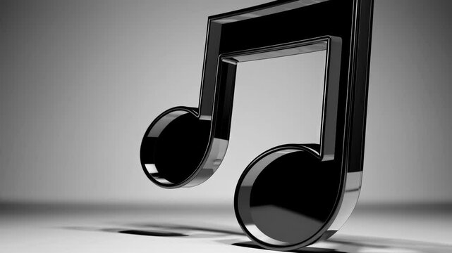 A 3D black music note on a gray background, captured from a low-angle perspective, ideal for a music-themed video or presentation.