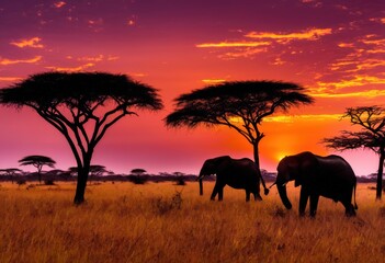 Obraz premium stunning vibrant savanna landscapes captured sunset featuring majestic wildlife silhouettes colorful horizon, dusk, nature, colors, scene, tree, grass
