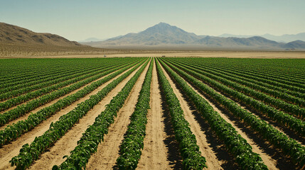 Expansive Agricultural Field With Lush Green Crops And A Mountain Backdrop