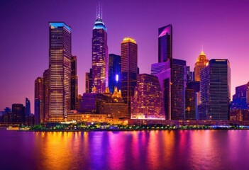 Obraz premium stunning city skyline captured dusk vibrant illuminations twilight hues creating breathtaking urban landscape, lights, architecture, horizon, skyscraper