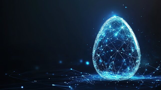 Futuristic glowing digital egg made of connected blue particles and lines on a dark background
