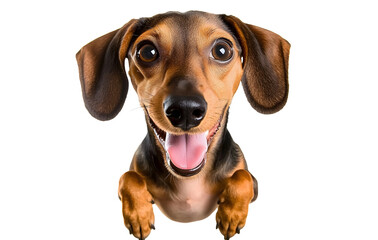 Cute playful doggy or pet is playing and looking happy isolated on transparent background. dachshund young dog is posing. Cute, happy crazy dog headshot smiling on transparent, png