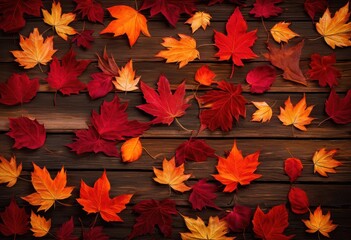 vibrant autumn leaves monochromatic composition resting weathered wooden table surface creates natural warm atmosphere stunning detail, foliage, colors