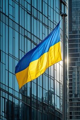 Ukrainian flag waving in front of a modern glass skyscraper with sunlight reflecting on windows
