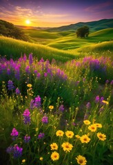 vibrant sunlit landscapes featuring lush greenery blooming flora capturing essence colorful bounty, nature, sunlight, field, garden, tree, flower, grass
