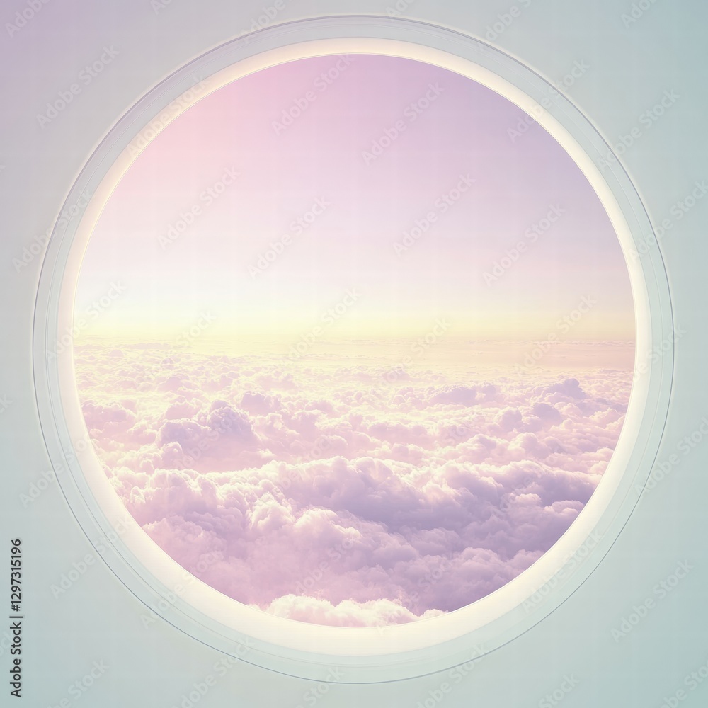 Poster Captivating view of pastel clouds and soft sunlight through a round window during sunset from an airplane. Generative AI