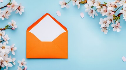 Open orange envelope with blank card and spring blossoms on a pastel blue background for invitations