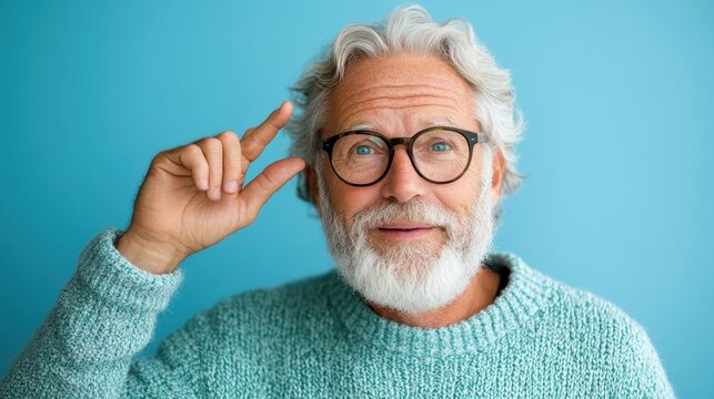 A cheerful elderly man with glasses and a beard poses playfully in a cozy sweater, radiating warmth and wisdom against a calming blue backdrop, showcasing joy in aging.