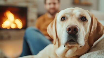 A thoughtful Labrador retriever sits in a cozy living room, featuring a warm fireplace, showcasing loyalty and companionship in a relaxed and intimate atmosphere.