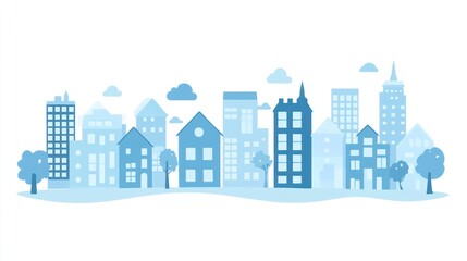 Fototapeta premium Simple city skyline illustration, light blue tones, background. Possible stock photo use