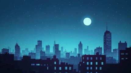 Night city skyline, moonlit cityscape, urban scene, illustration