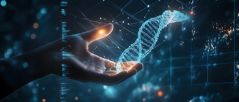 Futuristic hand holding a glowing DNA strand against a digital interface  - - Powered by Adobe