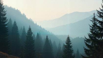 Pine forest with mist in mountainous landscape