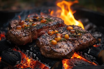 Sizzling venison roast with herbs and vegetables over an open fire at a hunting dinner