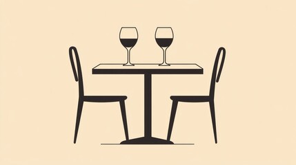 Two wine glasses on a table, cafe interior, simple design, restaurant setting, for illustration or graphic use