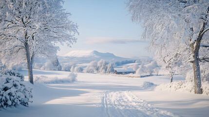 Obraz premium Winter's Embrace: The Serene Beauty of a Snow-Laden Landscape with Majestic Mountains and Pristine Snow-Covered Trees