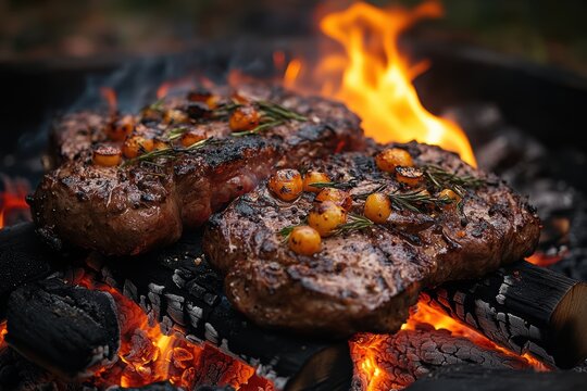 Sizzling venison roast with herbs and vegetables over an open fire at a hunting dinner