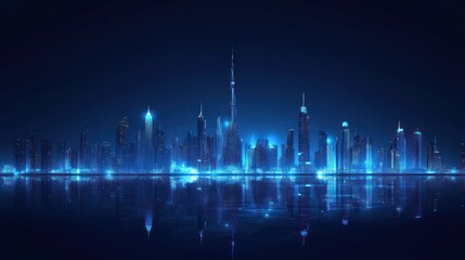 Neon cityscape skyline at night, reflected on water, urban scene, use for background, screensaver