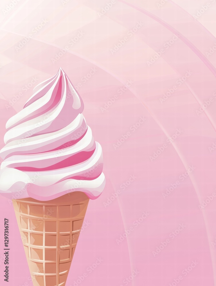 Poster sweet and creamy soft serve ice cream in a waffle cone against a soft pink background. generative ai