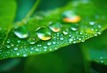 stunning vibrant macro shots showcasing raindrops resting serenely lush green leaves captivating details vivid colors, leaf, nature, closeup, dew, water