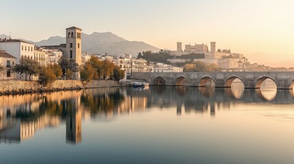 Obraz premium Golden hour casts a warm glow over the water, reflecting ancient buildings and a bridge in a charming Spanish town