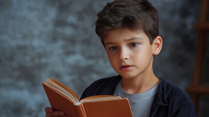 A young boy squints while holding a book close, focusing intently in a softly blurred classroom environment with natural light