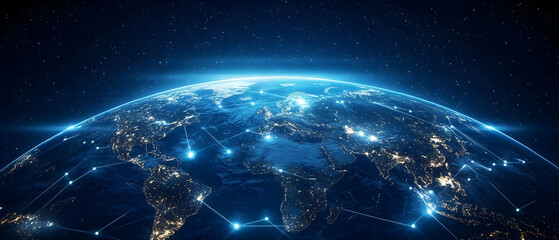 Obraz premium Global media link connecting on a night city background, digital networking concept -