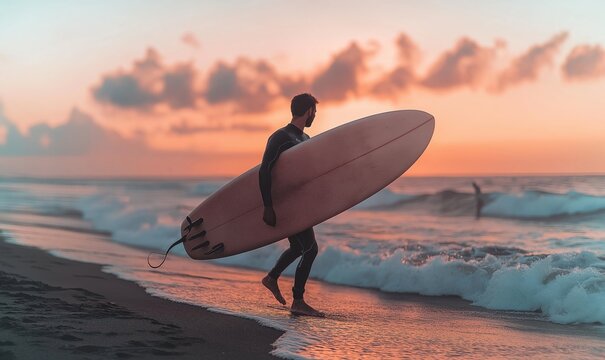 A surfer carries his board along the beach as waves crash behind him, illuminated by a stunning sunset with warm colors