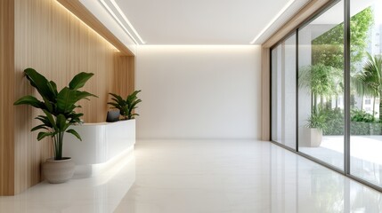 Fototapeta premium This image showcases an elegant reception area with a sleek white desk, large glass windows, and stylish plants, reflecting modern and inviting office design.