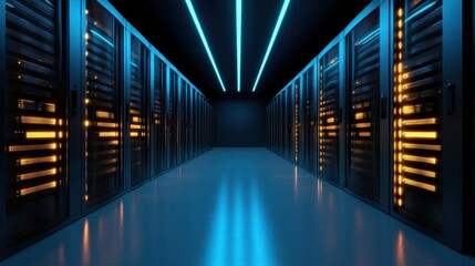 A futuristic server room showcases rows of data servers illuminated by blue lights, representing modern technology and data management in a sleek and high-tech environment.