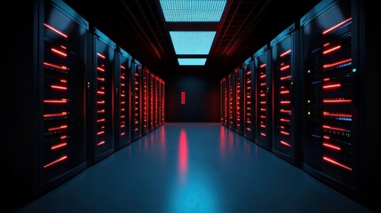 An advanced server room is bathed in dramatic red lighting, highlighting the rows of servers that signify cutting-edge technology and the power of data processing.