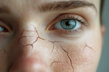 Fototapeta premium Close-up of female face showing dry skin and skin problems with visible cracks