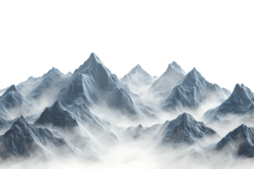 Snowy mountain range isolated. A surreal landscape of icy peaks and misty valleys, evoking a mystical and remote atmosphere. AI generated.  .