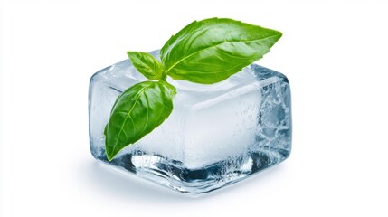Obraz premium Fresh Basil Leaf in a Clear Ice Cube Isolated on White Background. Generative AI