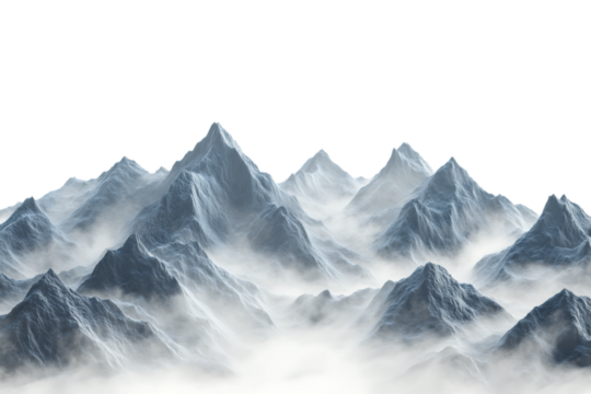 Snowy mountain range isolated. A surreal landscape of icy peaks and misty valleys, evoking a mystical and remote atmosphere. AI generated.  .